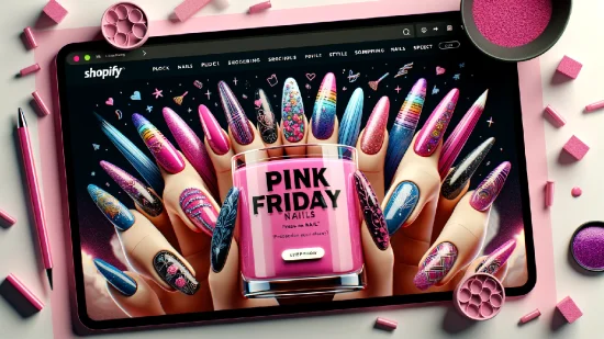 Pink Friday Nails Collection - Digital illustration of a tablet showcasing vibrant, intricate nail designs with makeup accessories around it.