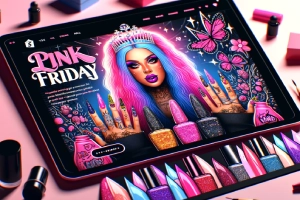 Nicki Minaj Launches Press-On Nail Brand with Shopify - A stylized digital artwork of a tablet displaying a colorful makeup and nail polish ad.
