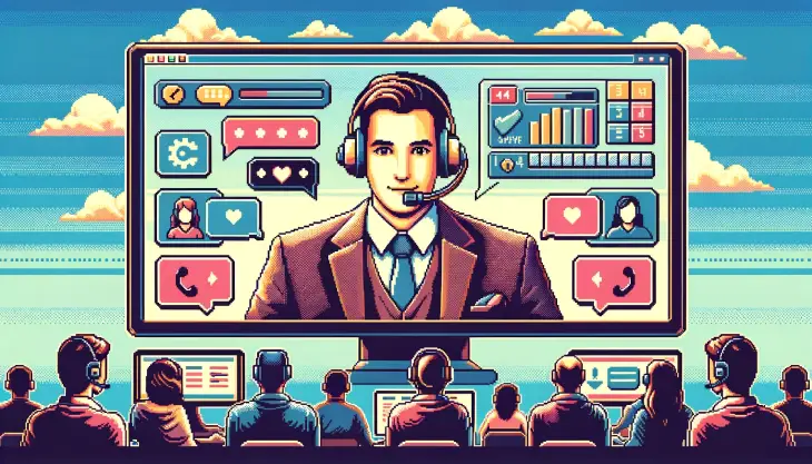 Quality of Customer Service for Shopify and Volusion - Large screen with support agent, clients in headsets below, retro style.