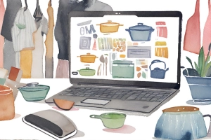 Reimagining Retail: Riess and Vestique's Shopify Success - a laptop showing kitchenware essentials with some boutique wardrobes behind the laptop
