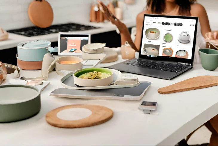 Riess's Digital Transformation - a table full of kitchenwares essentials and a laptop displaying kitchenware online shop