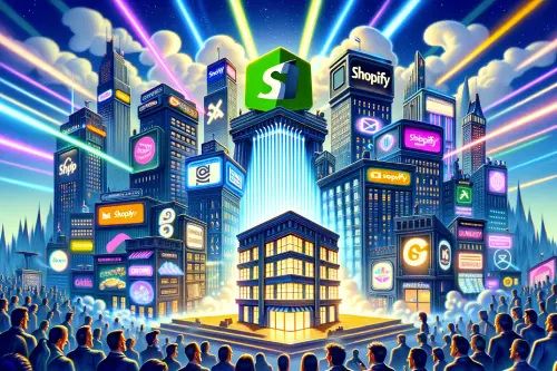 Shopify Ecosystem-Faces Intense Competition - Dynamic city competition, Shopify building shines among tech giant skyscrapers rivalry.