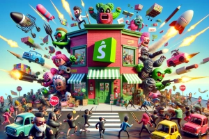 Shopify Ecosystem Faces Intense Competition - Colorful e-commerce battle, Shopify center, competitors attack with gadgets.