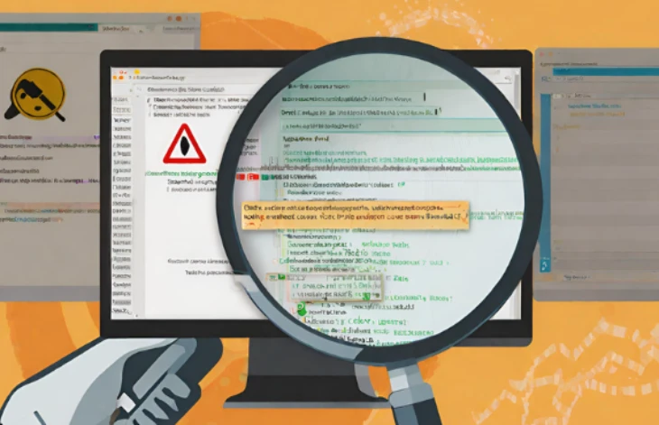 Extent of the Data Breach - a magnifying glass highlighting code with a warning sign, suggesting a security flaw or bug.