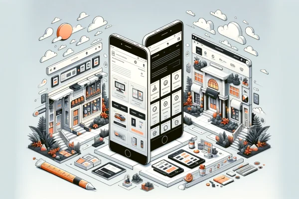 Key Differences Between Page Builder and Theme - Stylized, isometric view of smartphones and a computer showcasing website designs, with detailed, artistic surroundings.