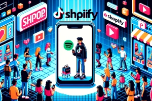 TikTok and Shopify Integration for UK Sellers - Pixel art of people using mobile devices, featuring TikTok and Shopify integration, vibrant colors.