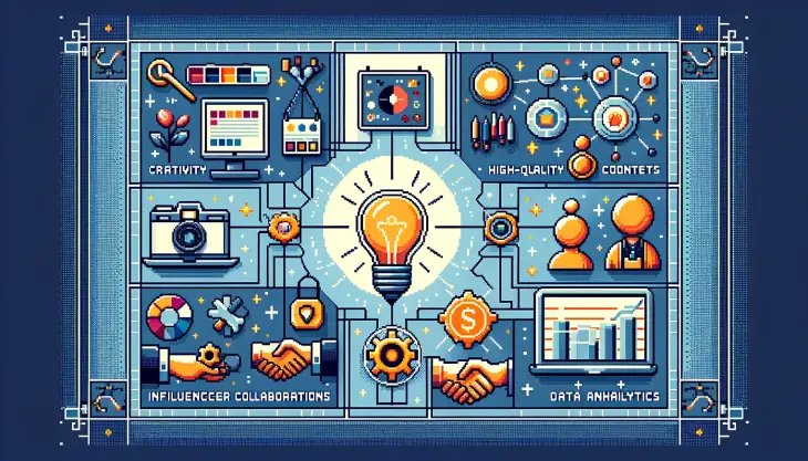 Tips for Success - Icons for creativity, collaboration, quality, contests, analytics in blue pixel art.