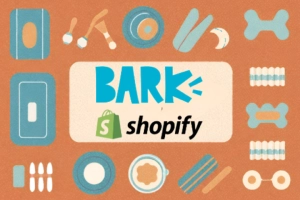 BARK Partners with Shopify to Drive Growth and Efficiency - bark and Shopify logo surrounded by dog treatment products