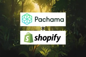 Pachama and Shopify Brazilian Carbon Credit Collaboration - Pachama and Shopify logo with a dense forest and sunlight filtering through the canopy on the background.