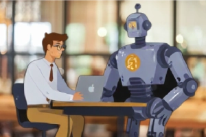Shopify Payouts Integration Revolutionizes Accounting - an accountant sit on a desk working with a laptop and a robot assisting him in the work