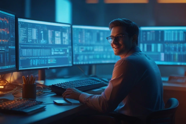 Breaking the Corporate Ladder Cycle - A cinematic scene showcasing a skilled corporate worker in their element, surrounded by intricate computers, keyboard and workspace