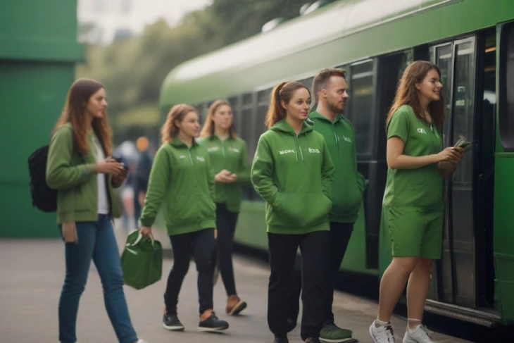 Shopify's Sustainable Initiatives - illustration of Shopify employees using public transportation