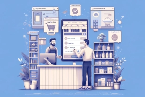 Shopify 2024 Releases Closing Gap with Amazon for SMBs - Illustrations depicting a small retail shop with a modern, minimalist design, featuring Shopify's AI-powered tools.
