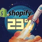 Shopify Unleashes Unstoppable Growth in Q1 Earnings - Shopify logo with '23%' text and a rocket in front of some kind of planet