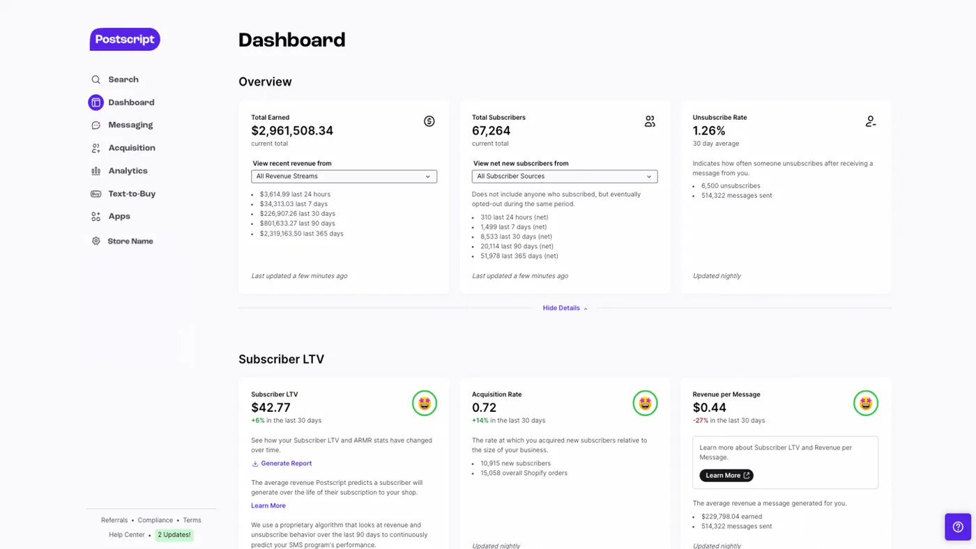 Postscript SMS Marketing app listing on the Shopify App Store