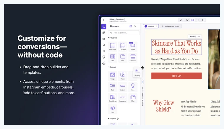Shogun Landing Page Builder drag-and-drop editor on the Shopify App Store