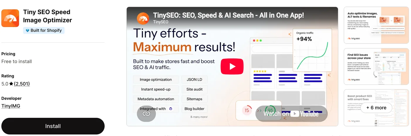 TinySEO Speed and Image Optimizer app listing on the Shopify App Store